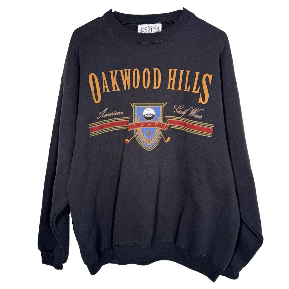 Vintage Oakwood Hills Classic Golf Sweatshirt L USA Made SDI Black Crewneck 90s